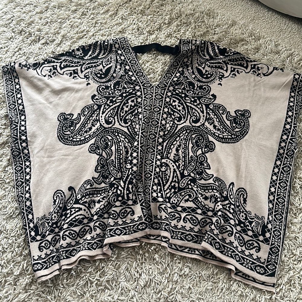 Cream and Black Sweater Cape Poncho